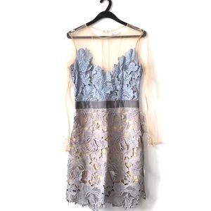 Sheinside Blue And Nude Sheer Long Sleeve Crochet Flower Lace Dress